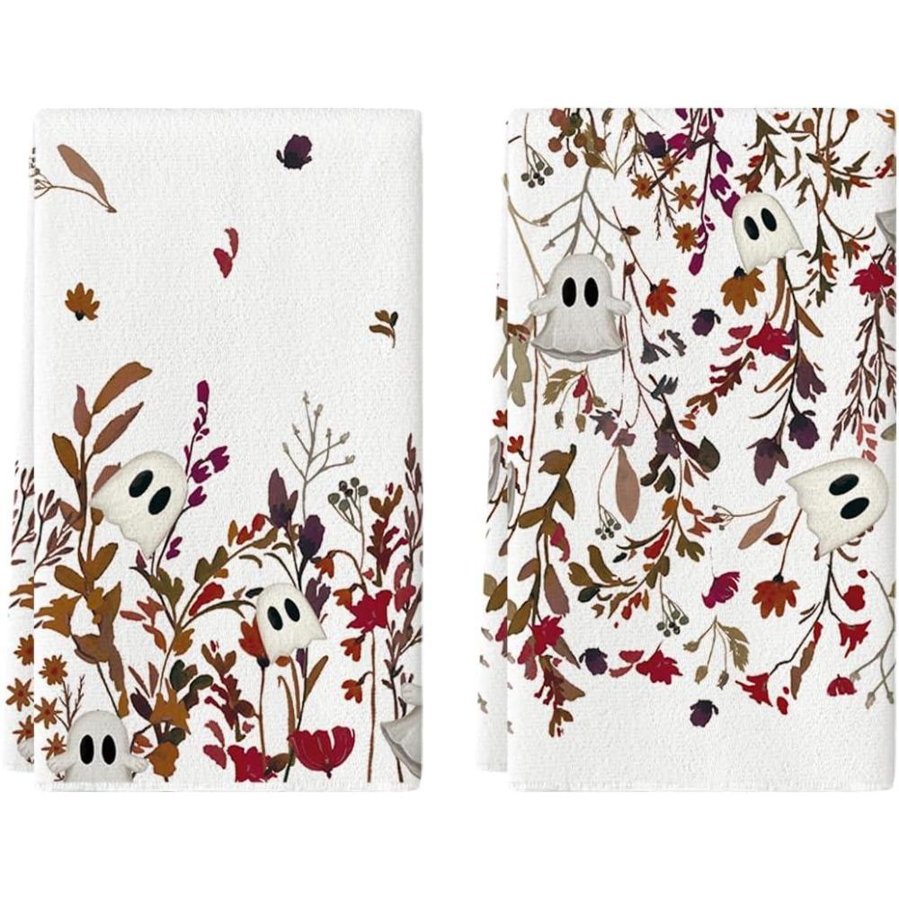 imageArtoid Mode Ghost Wildflower Floral Halloween Kitchen Towels Dish Towels 18x26 Inch Farmhouse Leaves Decoration Hand Towels Set of 2