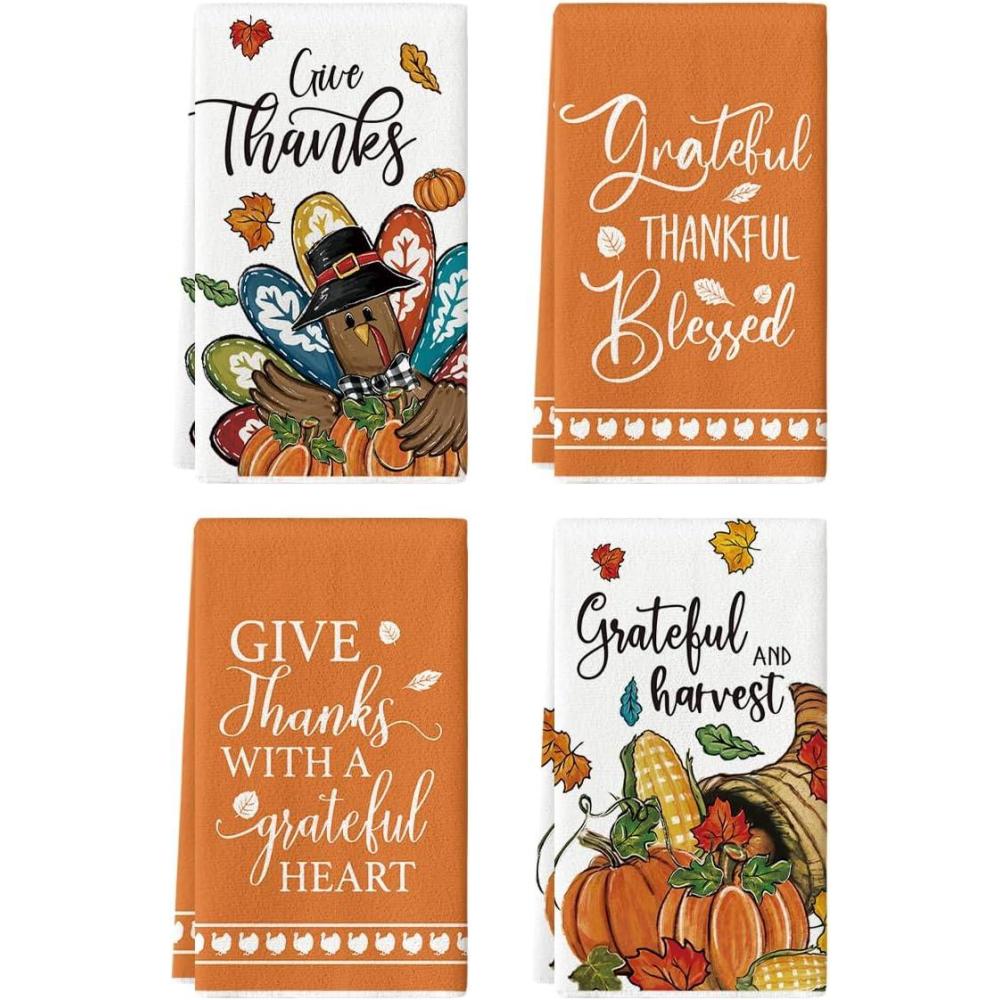 imageArtoid Mode Grateful Corn Pumpkin Turkey Thanksgiving Kitchen Towels Dish Towels 18x26 Inch Farmhouse Holiday Thankful Decoration Cleaning Set of 4