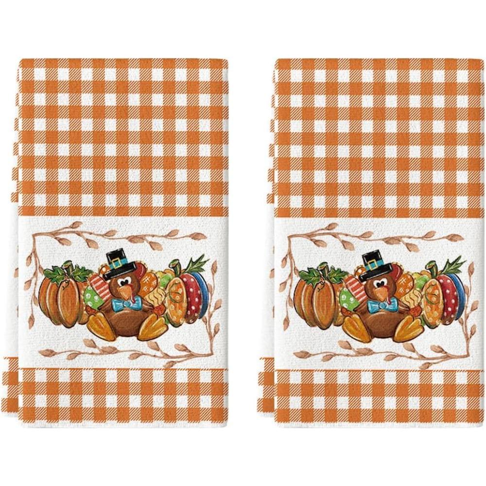 imageArtoid Mode Orange Buffalo Plaid Pumpkin Turkey Thanksgiving Kitchen Towels Dish Towels 18x26 Inch Farmhouse Holiday Decoration Cleaning Set of 2