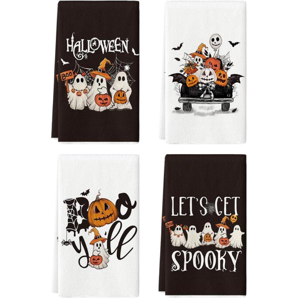 imageArtoid Mode Orange Ghost Pumpkins Bats Truck Spooky Halloween Kitchen Towels Dish Towels 18x26 Inch JackOLantern Decoration Hand Towels Set of 4Black