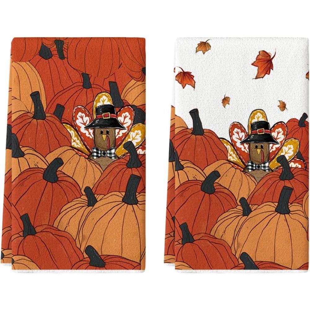 imageArtoid Mode Orange Pumpkin Turkey Thanksgiving Kitchen Towels Dish Towels 18x26 Inch Farmhouse Holiday Decoration Cleaning Set of 2