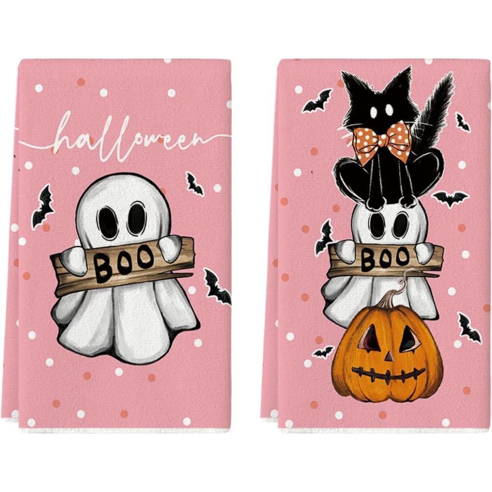 imageArtoid Mode Pink Cat Pumpkin Ghost Halloween Kitchen Towels Dish Towels 18x26 Inch Bats JackOLantern Decoration Hand Towels Set of 2Pink
