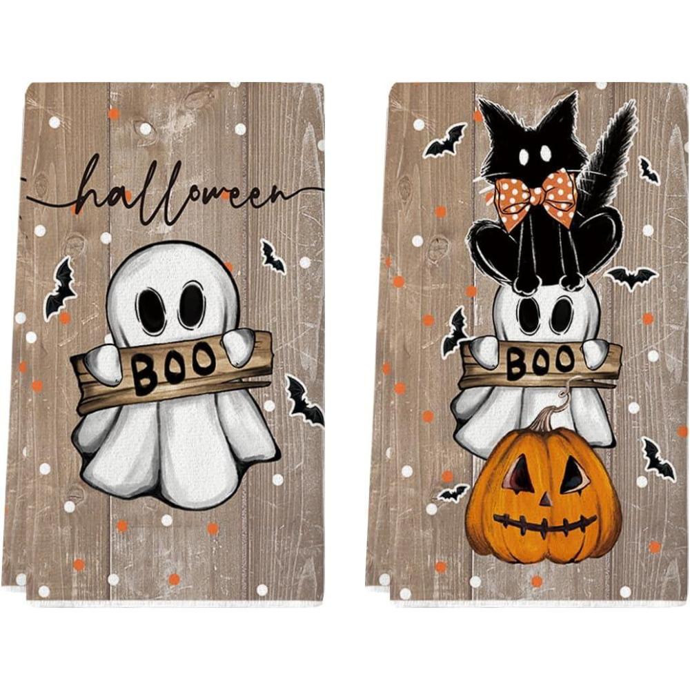 imageArtoid Mode Pink Cat Pumpkin Ghost Halloween Kitchen Towels Dish Towels 18x26 Inch Bats JackOLantern Decoration Hand Towels Set of 2Wood