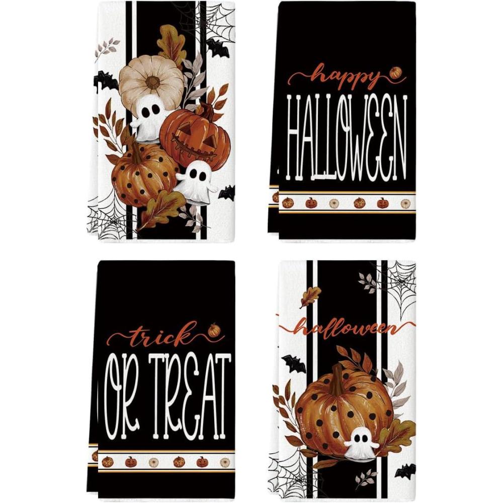 imageArtoid Mode Pink Ghost Polka Dot Pumpkin Happy Halloween Kitchen Towels Dish Towels 18x26 Inch Farmhouse Bat Flower Decoration Hand Towels Set of 4Black