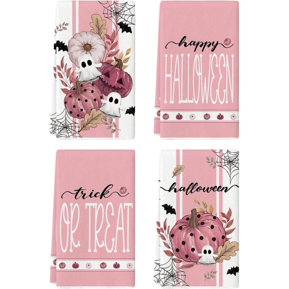 imageArtoid Mode Pink Ghost Polka Dot Pumpkin Happy Halloween Kitchen Towels Dish Towels 18x26 Inch Farmhouse Bat Flower Decoration Hand Towels Set of 4Pink