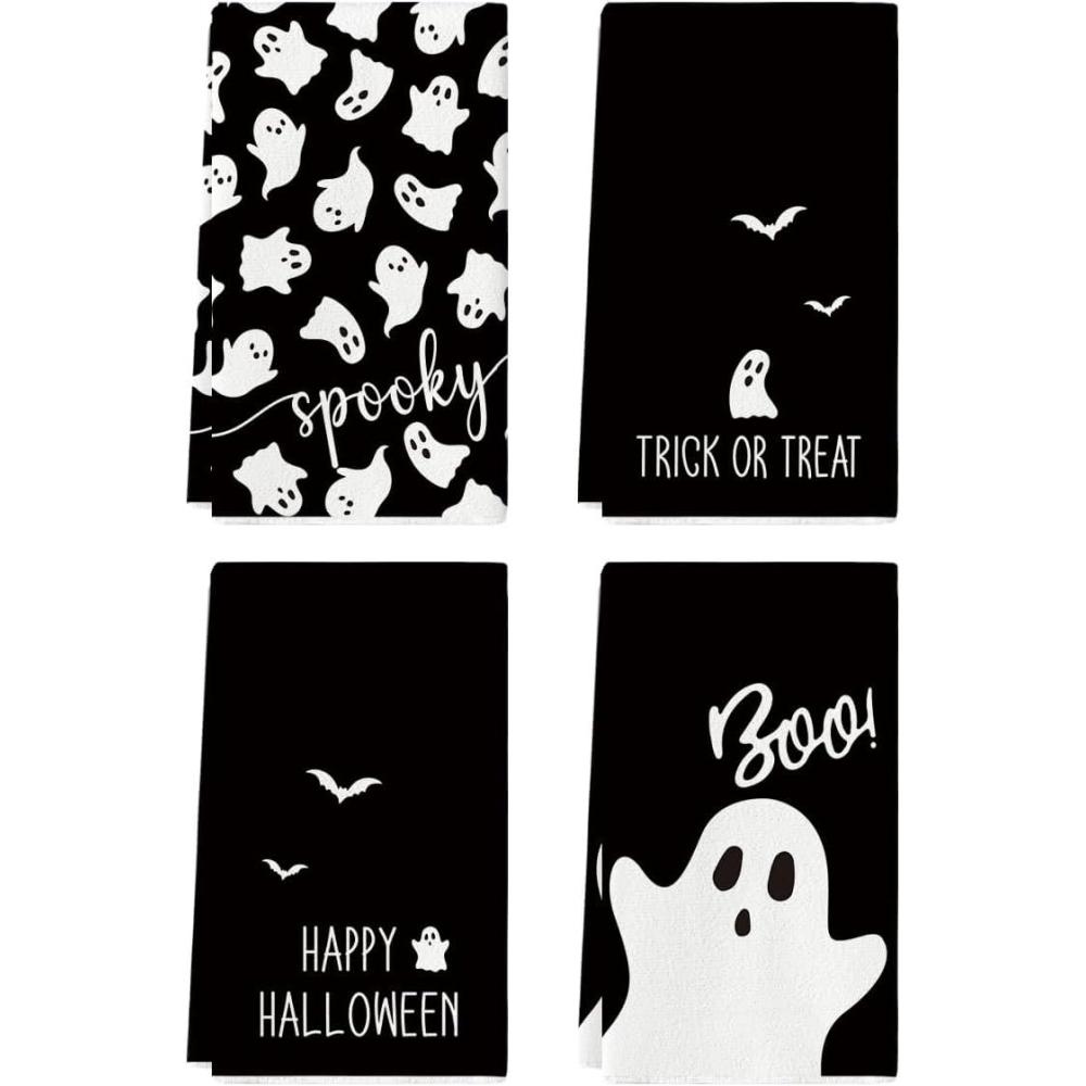 imageArtoid Mode Pink Ghost Spooky Happy Halloween Kitchen Towels Dish Towels 18x26 Inch Farmhouse Bat Boo Decoration Hand Towels Set of 4Black