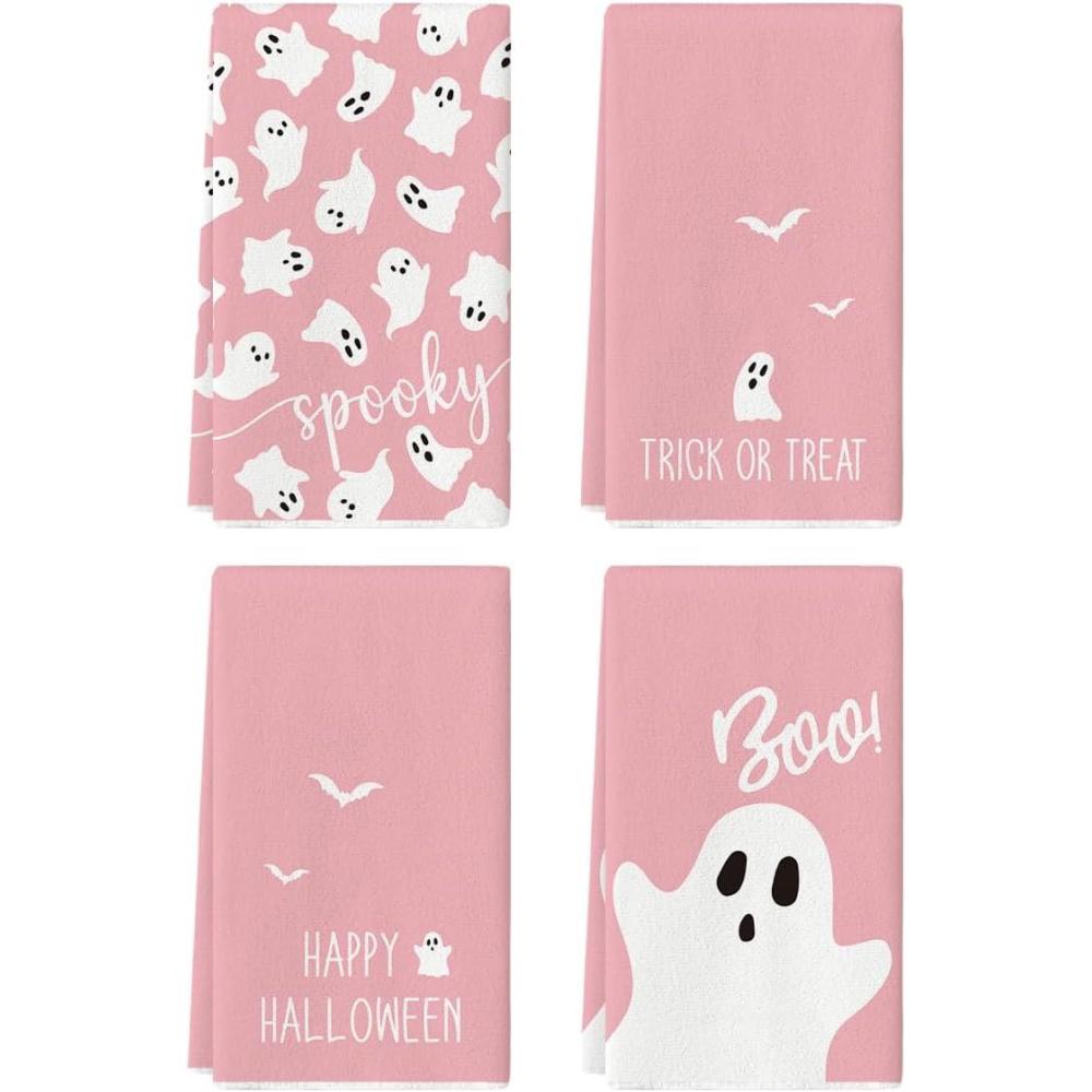 imageArtoid Mode Pink Ghost Spooky Happy Halloween Kitchen Towels Dish Towels 18x26 Inch Farmhouse Bat Boo Decoration Hand Towels Set of 4Pink
