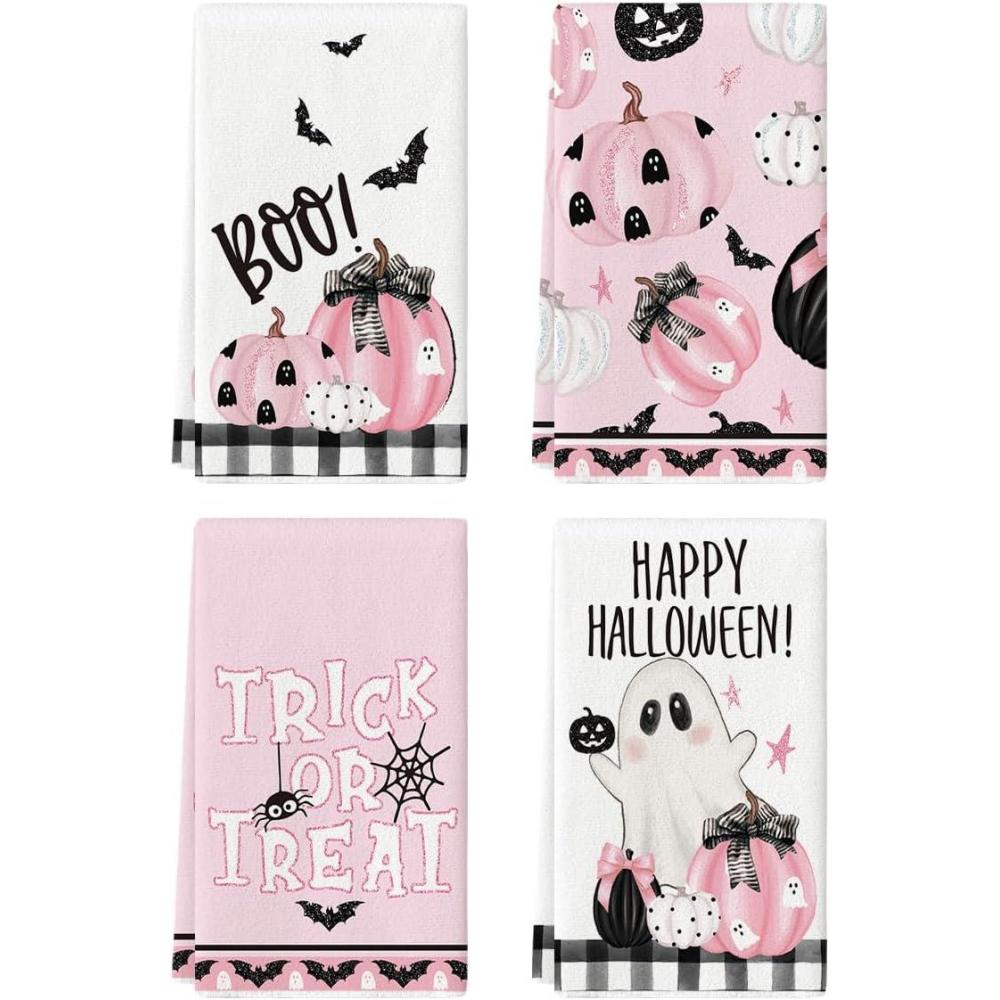 imageArtoid Mode Pink Pumpkins Ghost Boo Happy Halloween Kitchen Towels Dish Towels 18x26 Inch Trick Or Treat Decoration Hand Towels Set of 4Pink