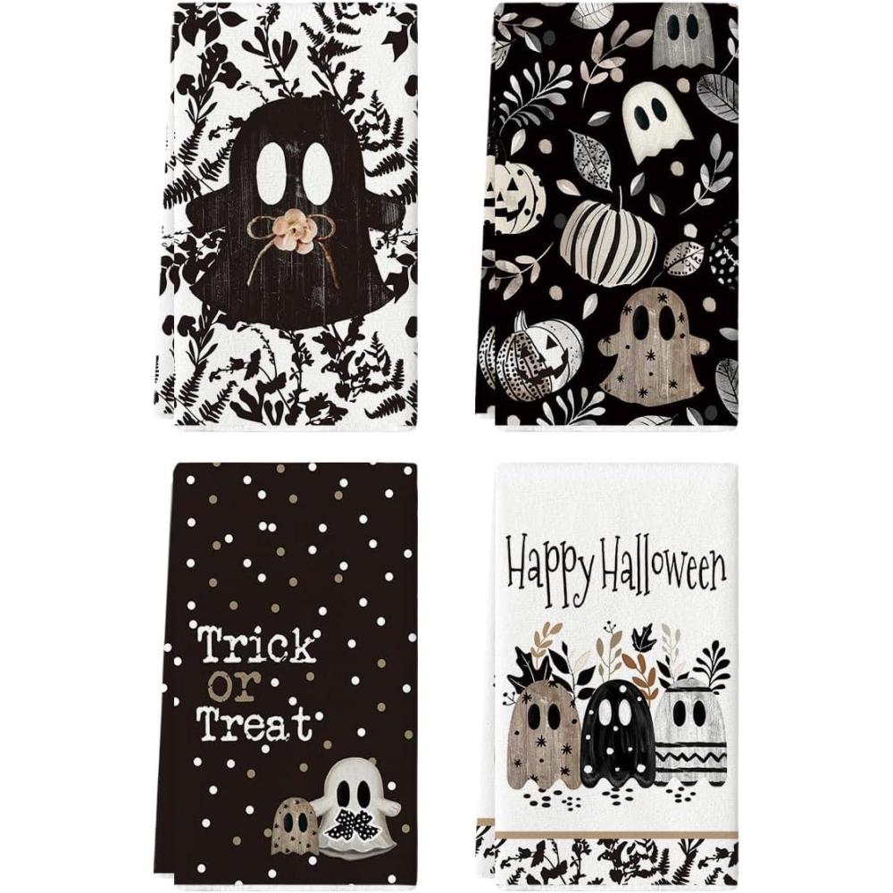 imageArtoid Mode Polka Dot Black Ghost Pumpkin Halloween Kitchen Towels Dish Towels 18x26 Inch Farmhouse Flower Decoration Hand Towels Set of 4