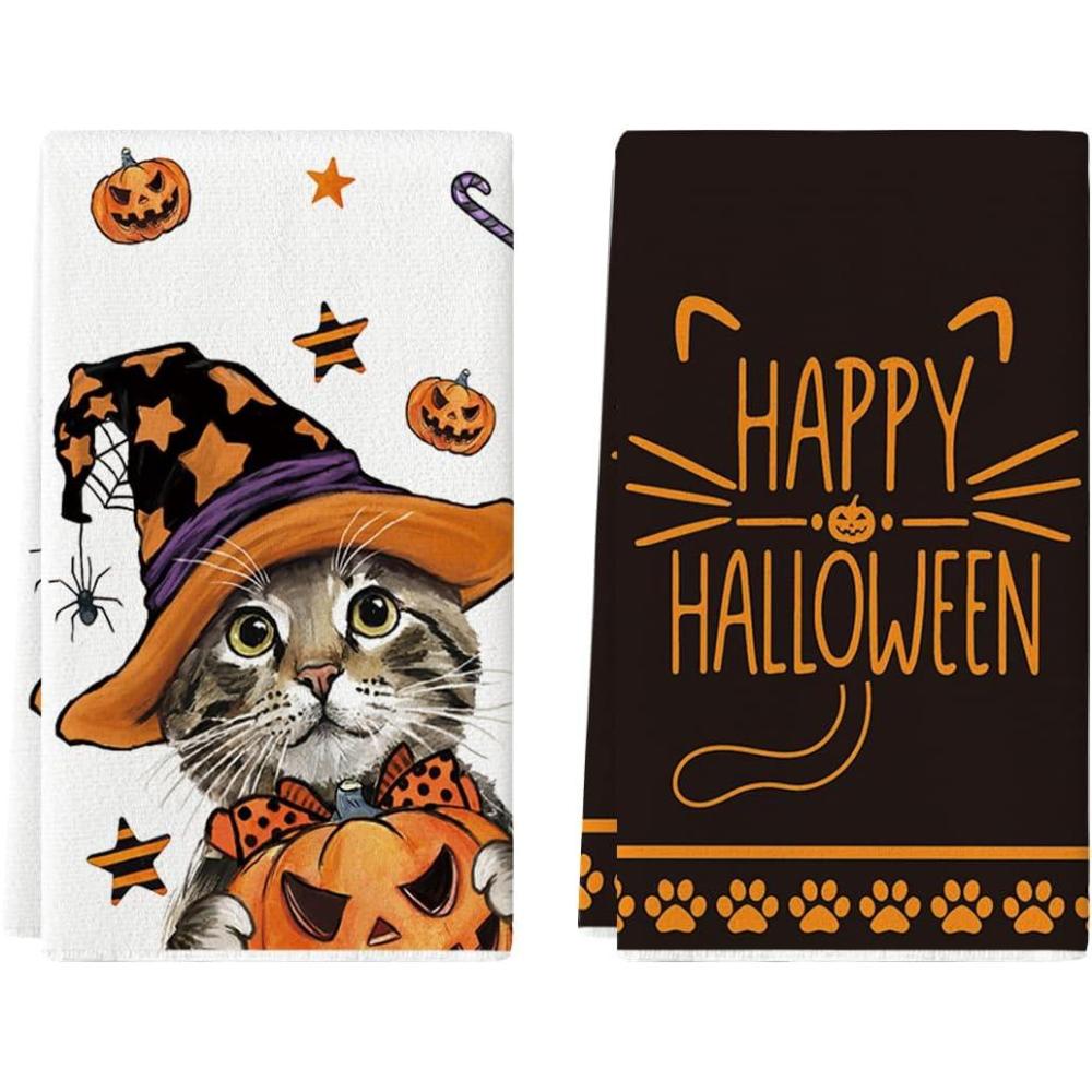 imageArtoid Mode Pumpkin Cat Happy Halloween Kitchen Towels Dish Towels 18x26 Inch Spider Web JackOLantern Decoration Hand Towels Set of 2