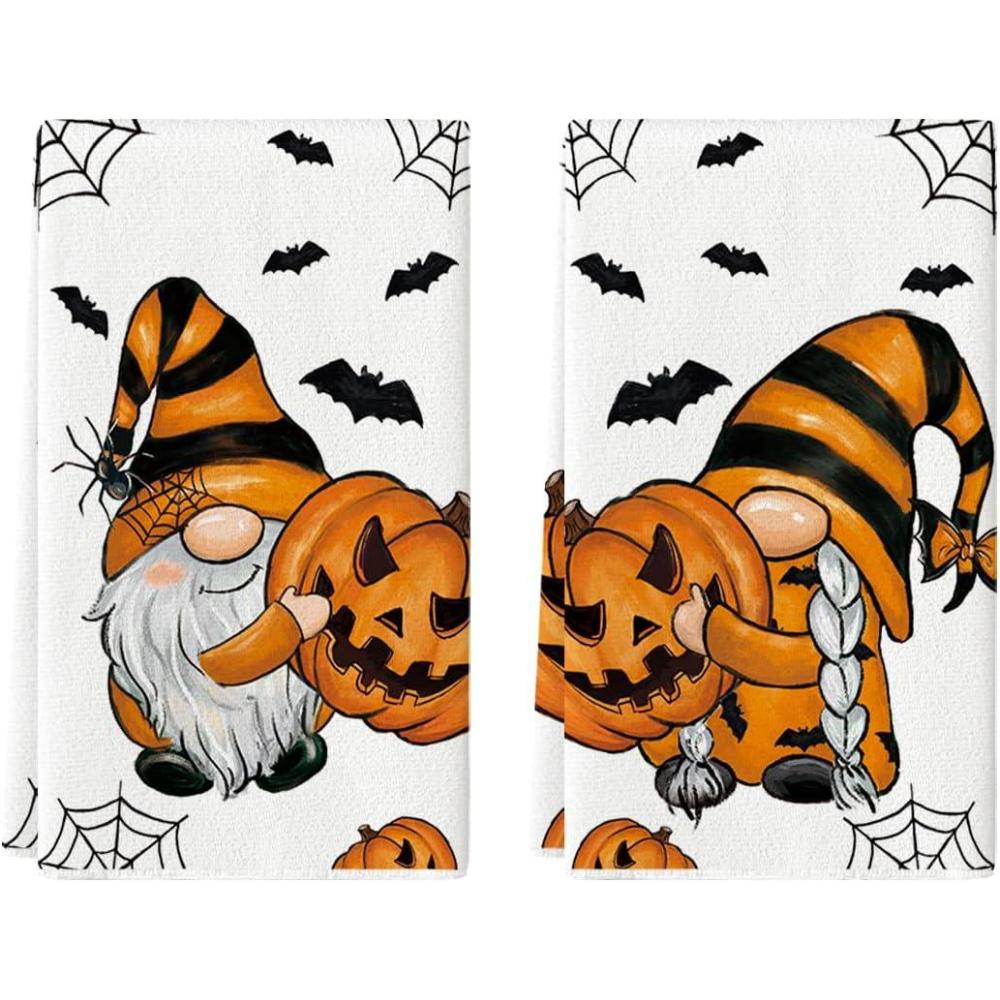 imageArtoid Mode Pumpkin Gnome Halloween Kitchen Towels Dish Towels 18x26 Inch Bats Spider Web JackOLantern Decoration Hand Towels Set of 2