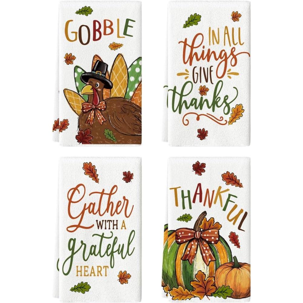 imageArtoid Mode Pumpkin Gobble Turkey Thanksgiving Kitchen Towels Dish Towels 18x26 Inch Farmhouse Holiday Thankful Decoration Cleaning Set of 4