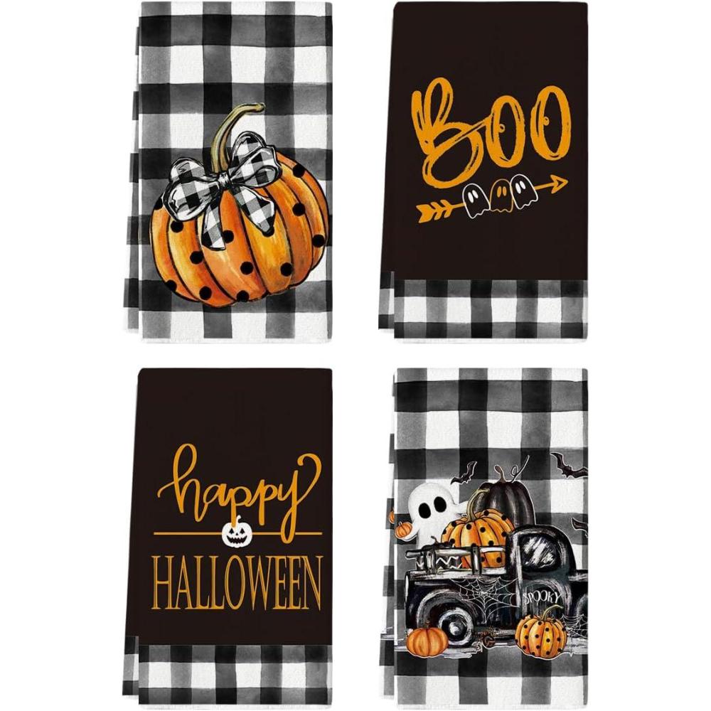 imageArtoid Mode Pumpkins Ghost Boo Truck Happy Halloween Kitchen Towels Dish Towels 18x26 Inch Buffalo Plaid Decoration Hand Towels Set of 4