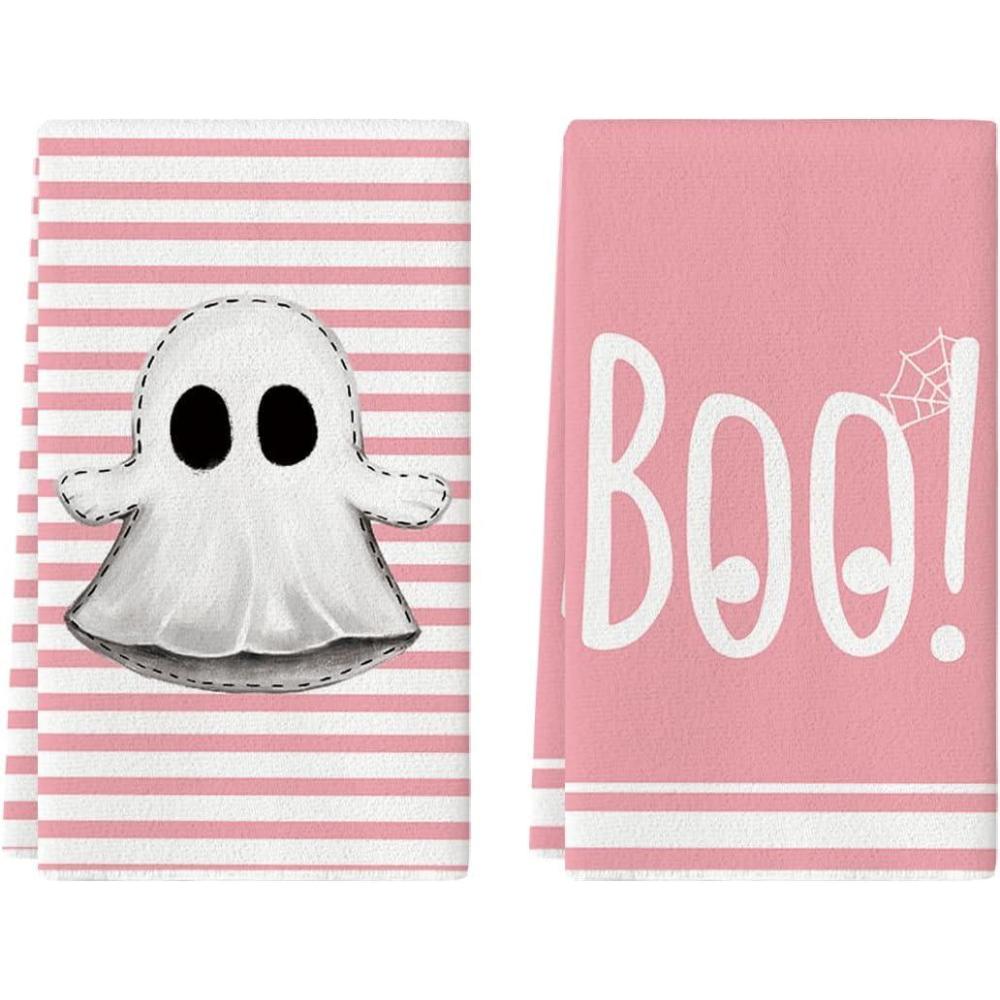 imageArtoid Mode Stripes Ghost Boo Halloween Kitchen Towels Dish Towels 18x26 Inch Spider Web Decoration Hand Towels Set of 2Pink
