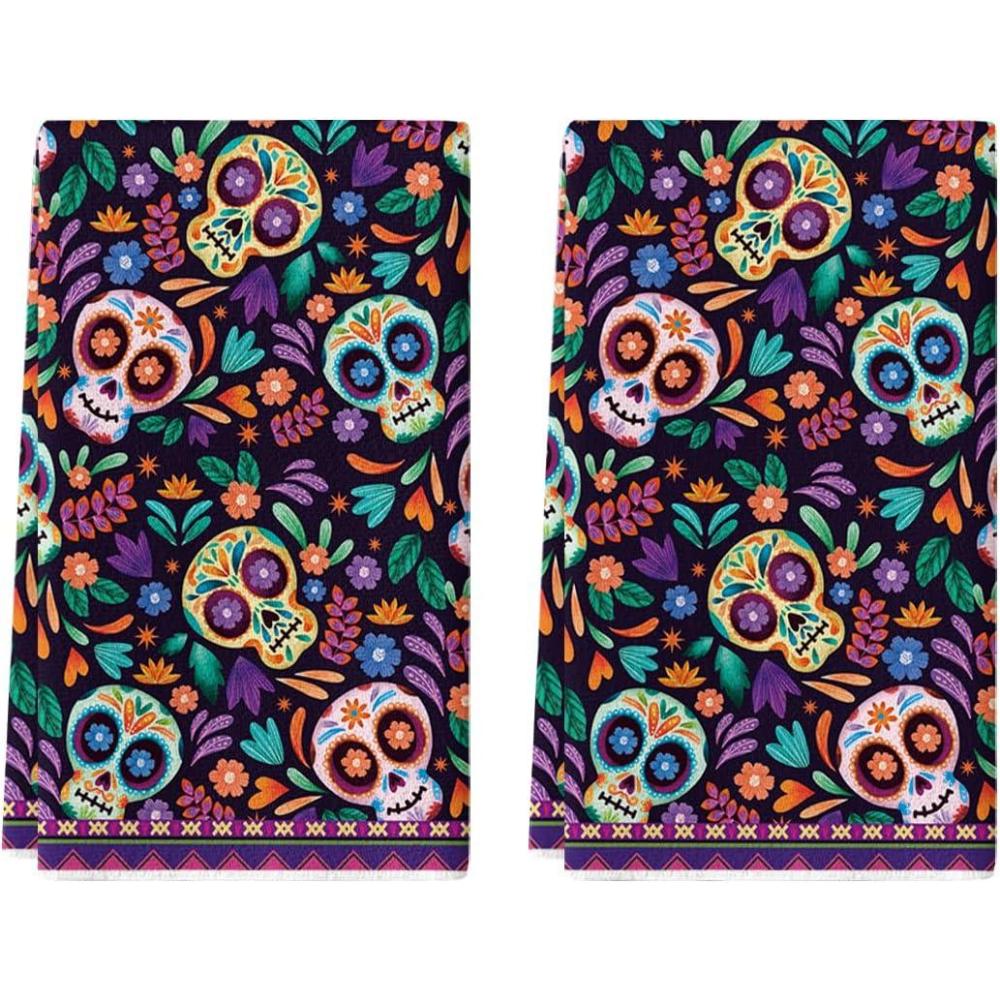 imageArtoid Mode Sugar Skull Day of The Dead Kitchen Towels Dish Towels 18x26 Inch Daisy Flower Mexican Decor Hand Towels Set of 2