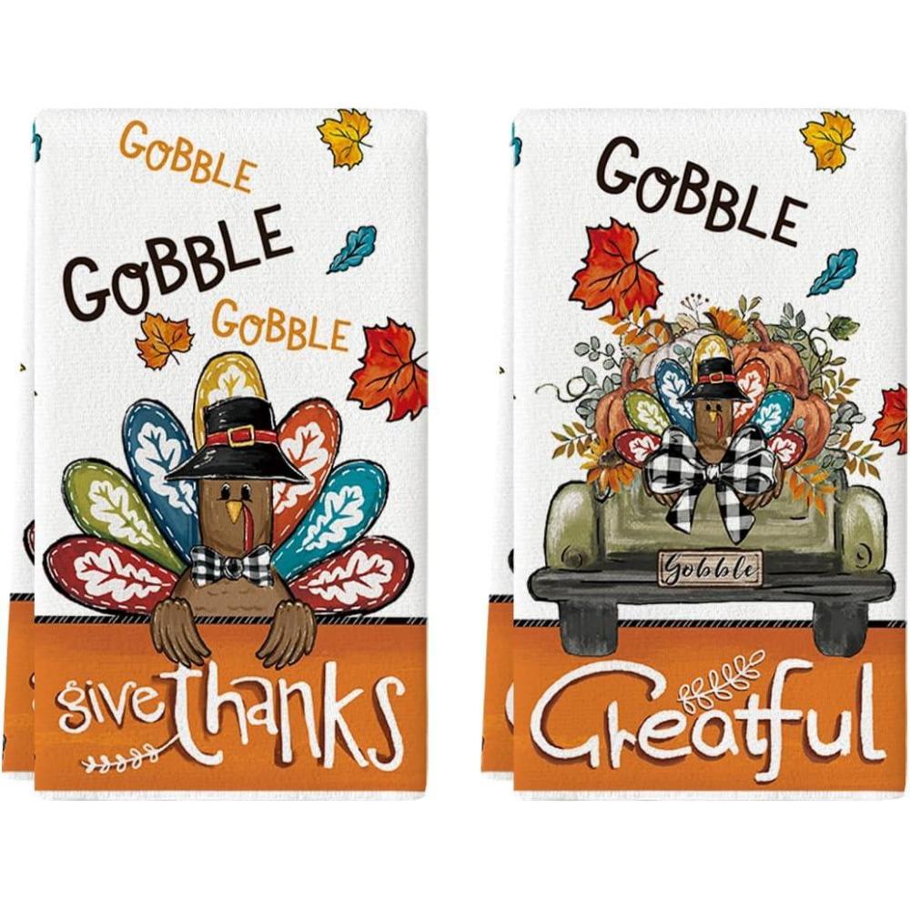 imageArtoid Mode Turkey Gobble Thanksgiving Kitchen Towels Dish Towels 18x26 Inch Greatful Fall Truck Pumpkin Decoration Hand Towels Set of 2
