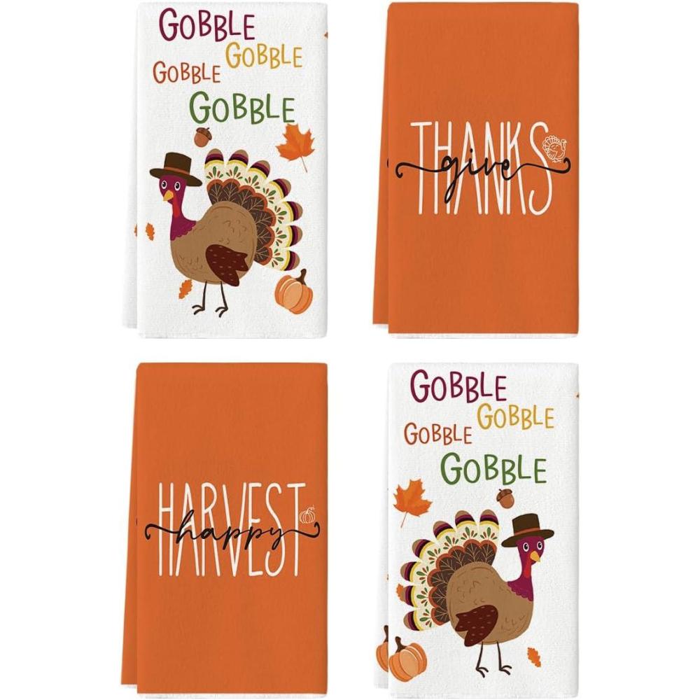 imageArtoid Mode Turkey Thanksgiving Kitchen Towels Dish Towels 18x26 Inch Gobble Harvest Pumpkin Decoration Hand Towels Set of 4