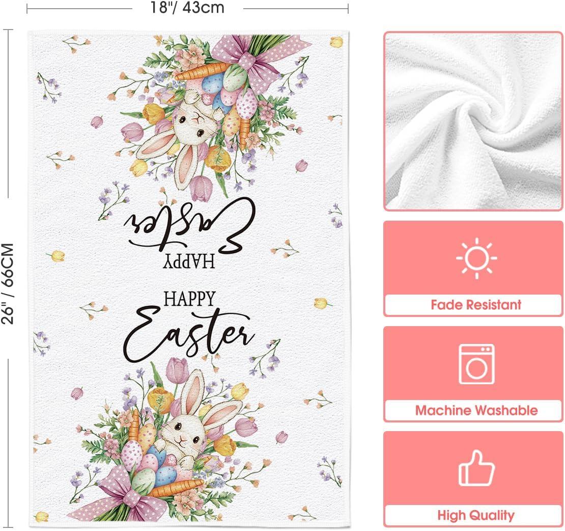 imageArtoid Mode Bow Bunny Eggs Happy Easter Kitchen Towels Dish Towels 18x26 Inch Spring Farmhouse Carrots Flowers Decoration Hand Towels Set of 2