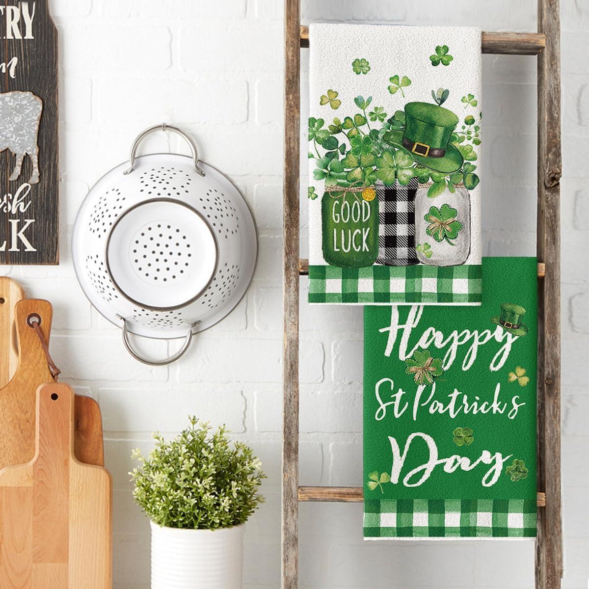 imageArtoid Mode Buffalo Plaid Shamrock Hat St Patricks Day Kitchen Towels Dish Towels 18x26 Inch Farmhouse Spring Decoration Hand Towels Set of 2