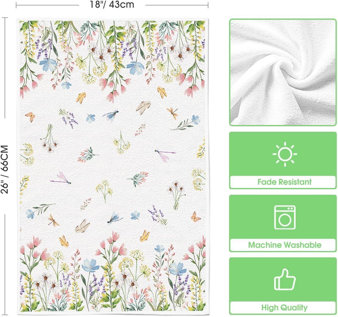 imageArtoid Mode Flowers Floral Spring Kitchen Towels Dish Towels 18x26 Inch Daily Seasonal Summer Dragonfly Decoration Hand Towels Set of 2