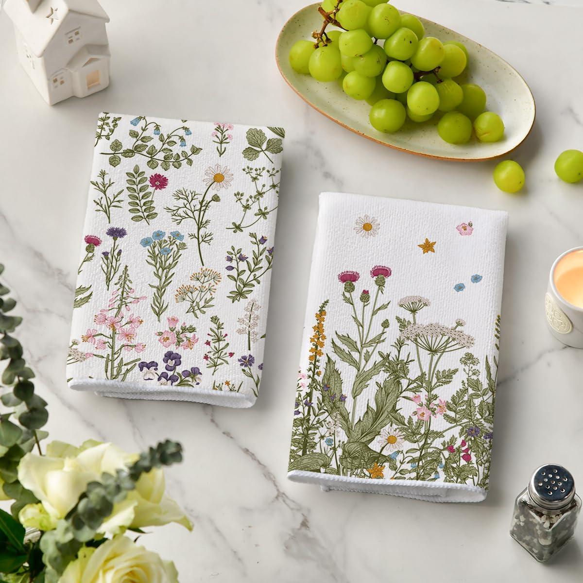 imageArtoid Mode Wildflower Floral Kitchen Towels Dish Towels 18x26 Inch Leaves Holiday Decoration Hand Towels Set of 2Beige