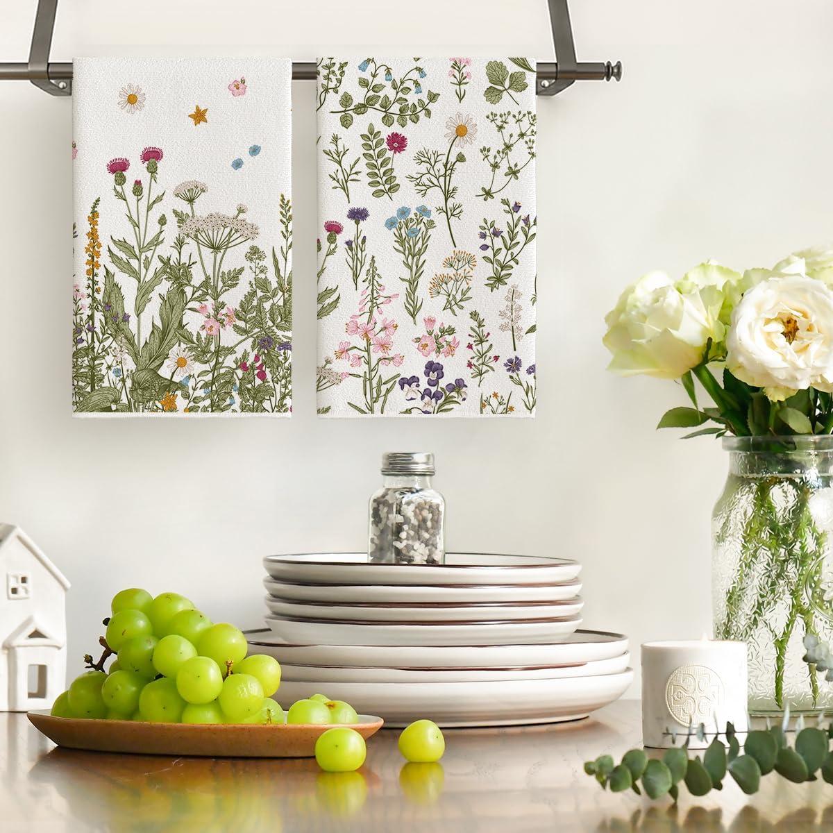 imageArtoid Mode Wildflower Floral Kitchen Towels Dish Towels 18x26 Inch Leaves Holiday Decoration Hand Towels Set of 2Beige