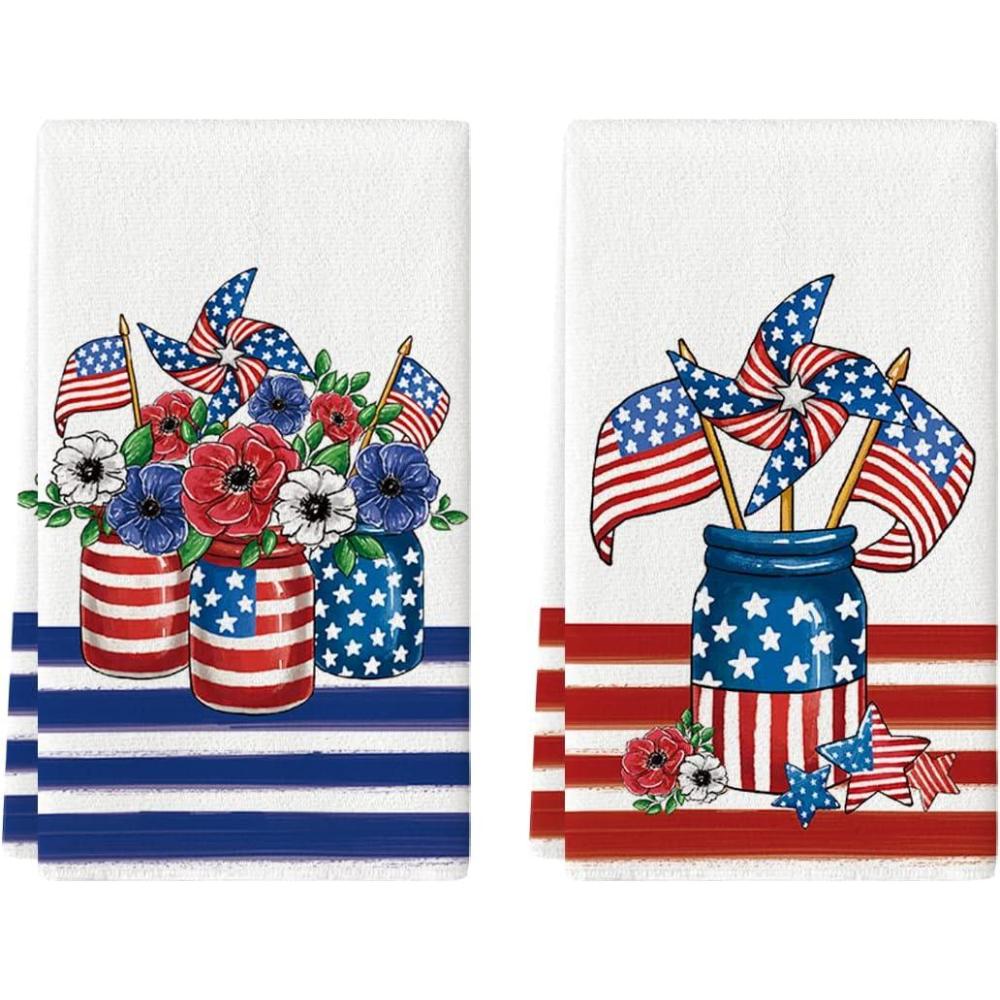 imageArtoid Mode America Flag Vase Windmill 4th of July Kitchen Towels Dish Towels 18x26 Inch Patriotic Memorial Day Decoration Hand Towels Set of 2