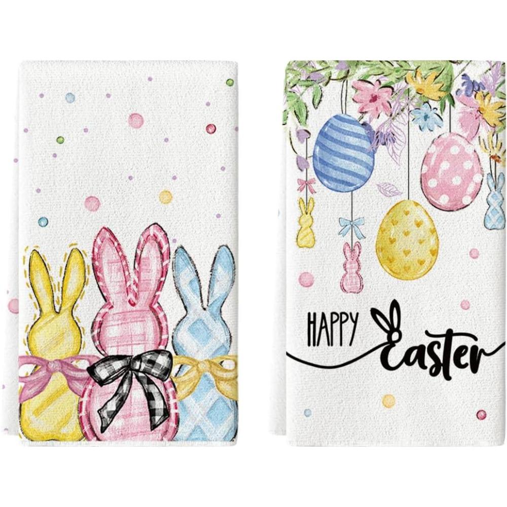 imageArtoid Mode Beige Bunny Eggs Happy Easter Kitchen Towels Dish Towels 18x26 Inch Spring Farmhouse Bow Flowers Decoration Hand Towels Set of 2