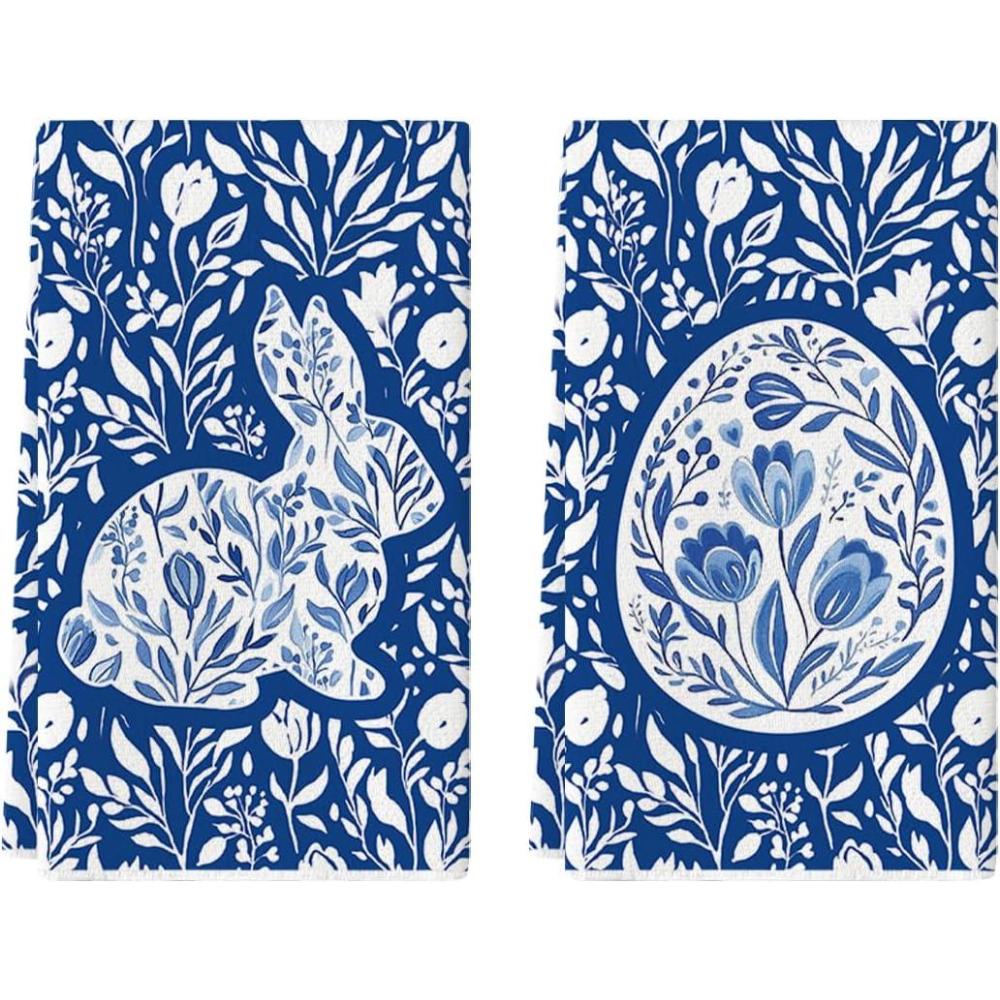 imageArtoid Mode Blue Porcelain Bunny Egg Easter Kitchen Towels Dish Towels 18x26 Inch Spring Farmhouse Flowers Decoration Hand Towels Set of 2