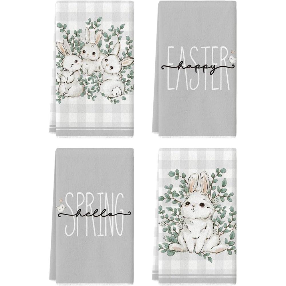 imageArtoid Mode Buffalo Plaid Bunny Rabbit Eucalyptus Leaves Happy Easter Kitchen Towels Dish Towels 18x26 Inch Seasonal Spring Decoration Hand Towels Set of 4Grey