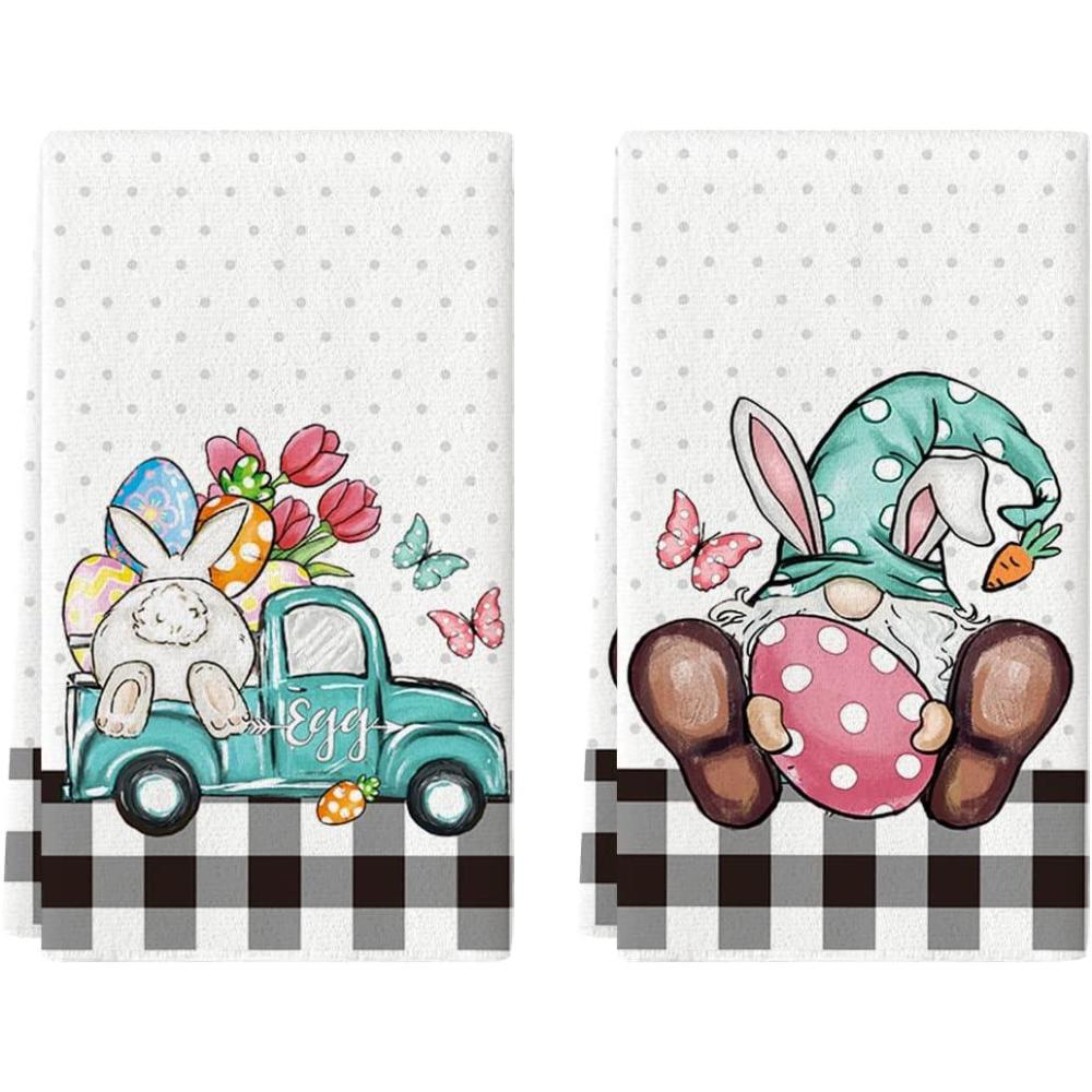 imageArtoid Mode Buffalo Plaid Gnome Egg Truck Bunny Rabbit Easter Kitchen Towels Dish Towels 18x26 Inch Seasonal Spring Decoration Hand Towels Set of 2