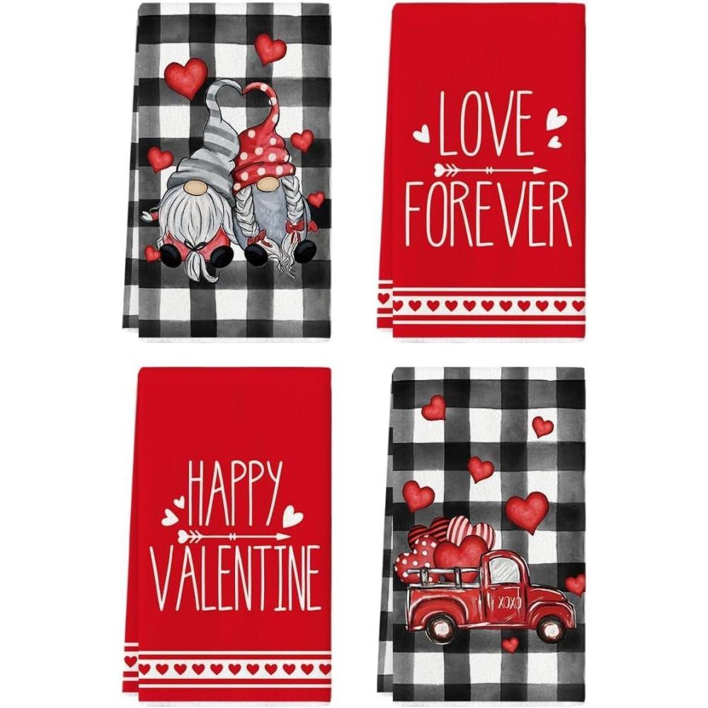 imageArtoid Mode Buffalo Plaid Gnomes Truck Hello Valentine Kitchen Towels Dish Towels 18x26 Inch Seasonal Valentines Day Decoration Hand Towels Set of 4Gnome