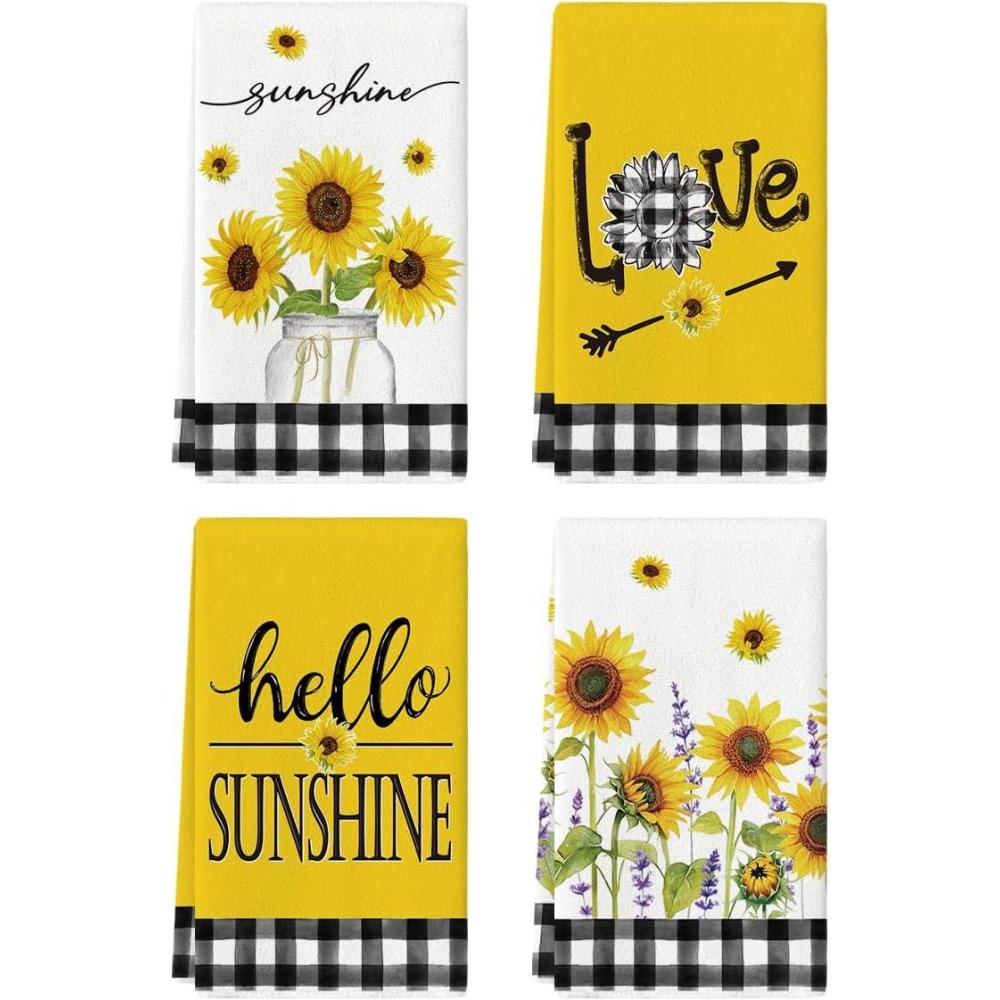 imageArtoid Mode Buffalo Plaid Hello Sunshine Sunflowers Love Summer Kitchen Towels Dish Towels 18x26 Inch Farmhouse Decoration Hand Towels Set of 4BlackWhite