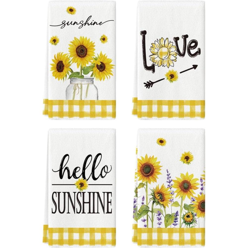imageArtoid Mode Buffalo Plaid Hello Sunshine Sunflowers Love Summer Kitchen Towels Dish Towels 18x26 Inch Farmhouse Decoration Hand Towels Set of 4YellowWhite
