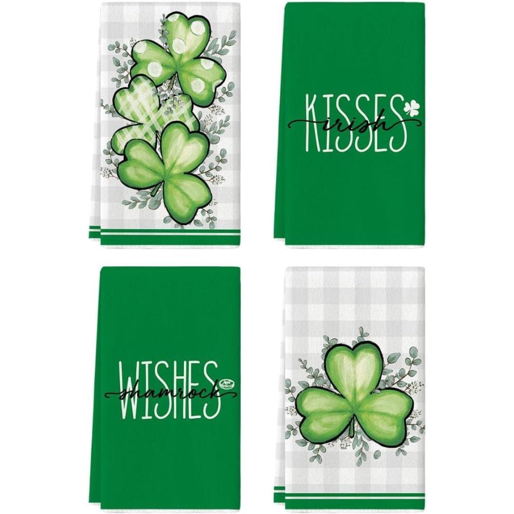 imageArtoid Mode Buffalo Plaid Kisses Wishes Shamrock St Patricks Day Kitchen Towels Dish Towels 18x26 Inch Seasonal Eucalyptus Leaves Decor Hand Towels Set of 4Green