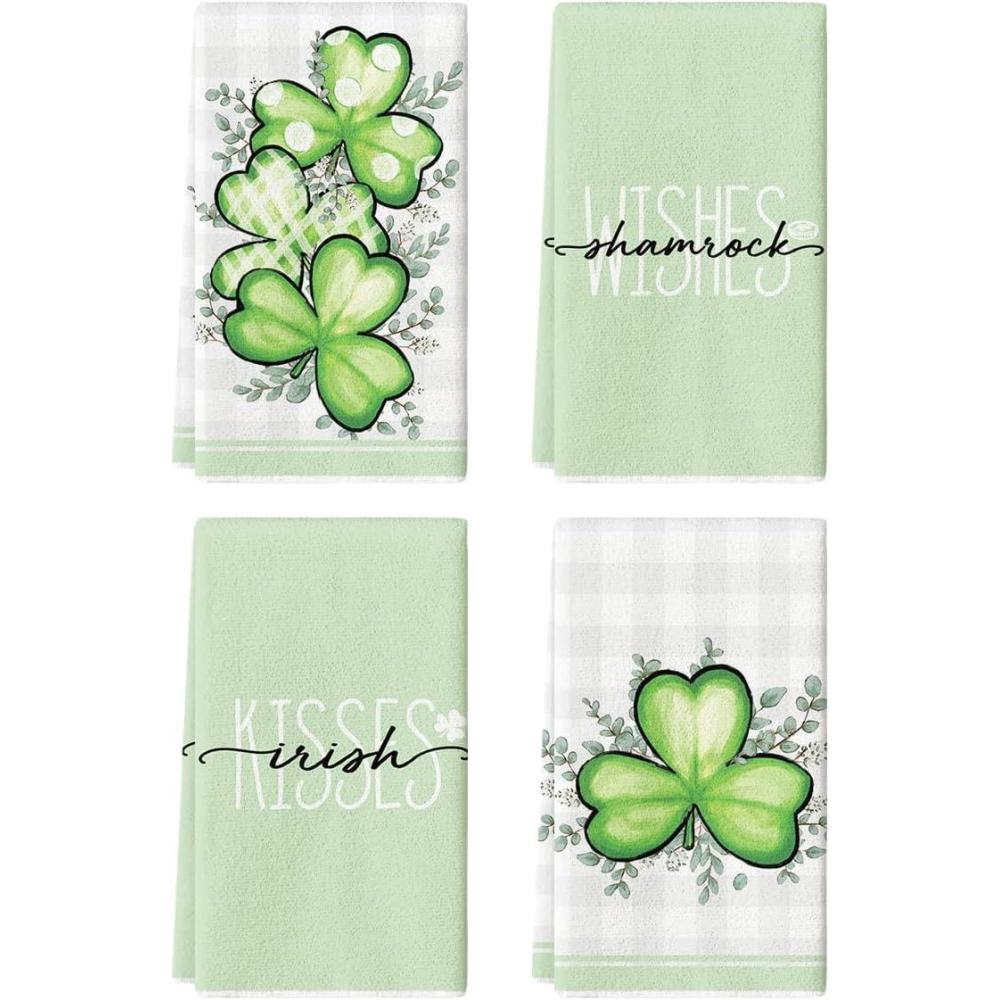 imageArtoid Mode Buffalo Plaid Kisses Wishes Shamrock St Patricks Day Kitchen Towels Dish Towels 18x26 Inch Seasonal Eucalyptus Leaves Decor Hand Towels Set of 4Beige
