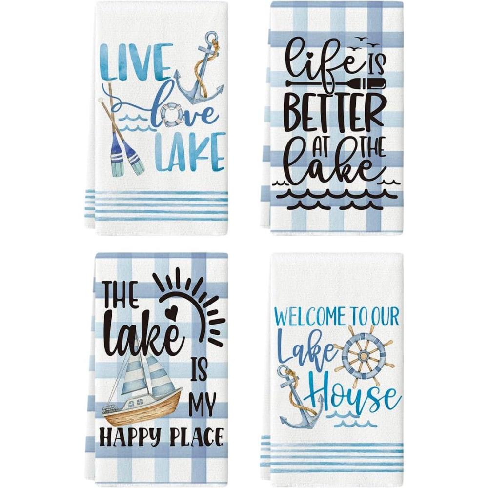 imageArtoid Mode Buffalo Plaid Stripes Anchors Lake Summer Kitchen Towels Dish Towels 18x26 Inch Seasonal Decoration Hand Towels Set of 4