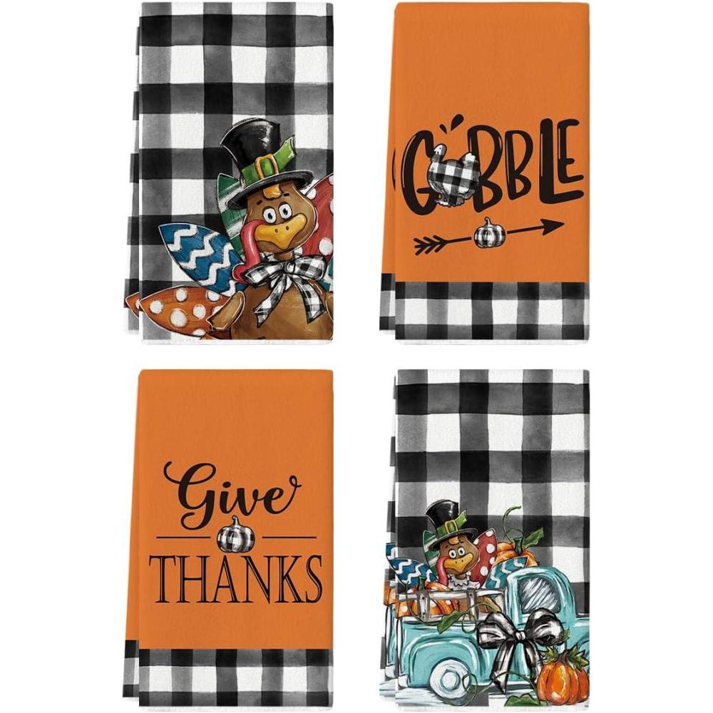 imageArtoid Mode Buffalo Plaid Turkey Thanksgiving Kitchen Towels Dish Towels 18x26 Inch Fall Truck Gobble Pumpkin Decoration Hand Towels Set of 4