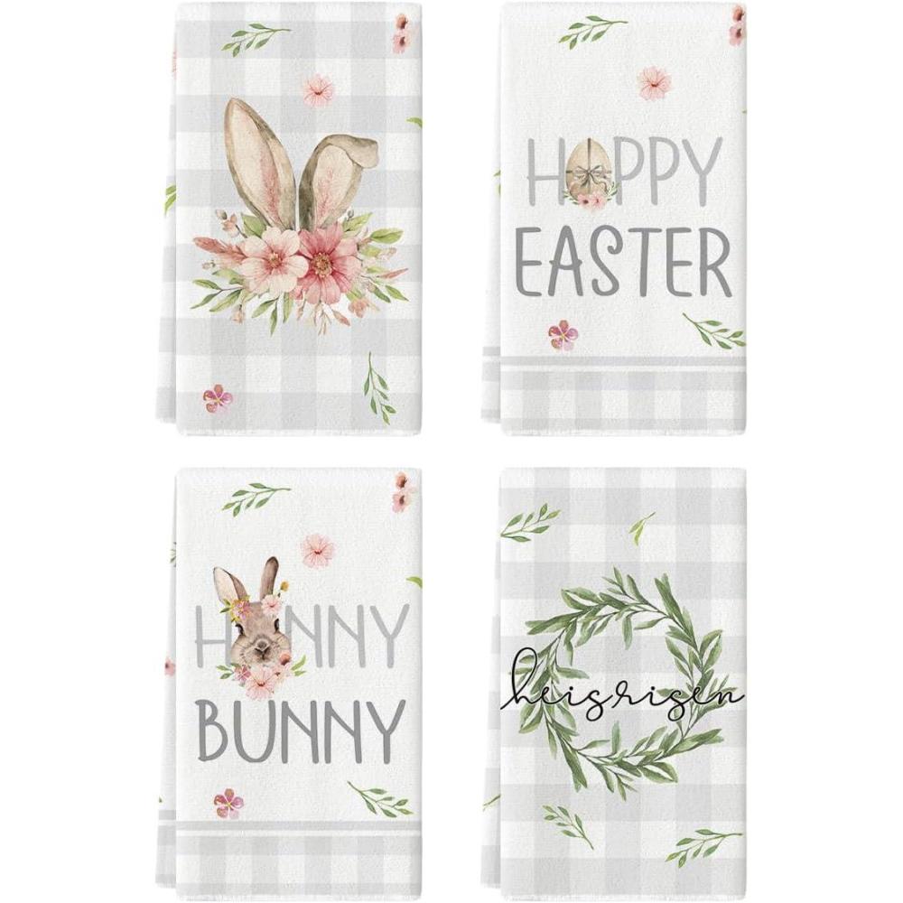imageArtoid Mode Bunny Honny Branch Flower Happy Easter Kitchen Towels Dish Towels 18x26 Inch Seasonal Egg Decoration Hand Towels Set of 4Beige
