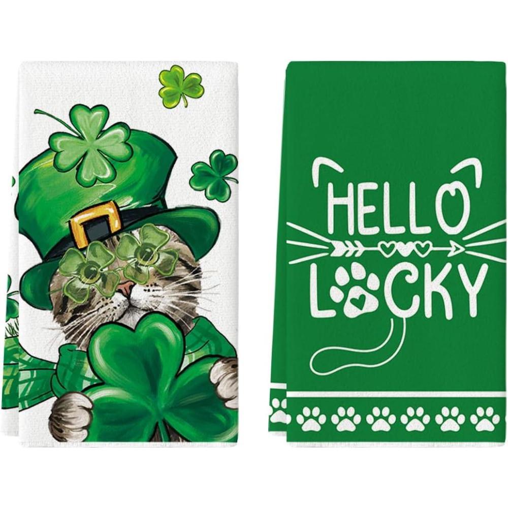 imageArtoid Mode Cat Shamrock St Patricks Day Kitchen Towels Dish Towels 18x26 Inch Hello Lucky Seasonal Spring Decoration Hand Towels Set of 2