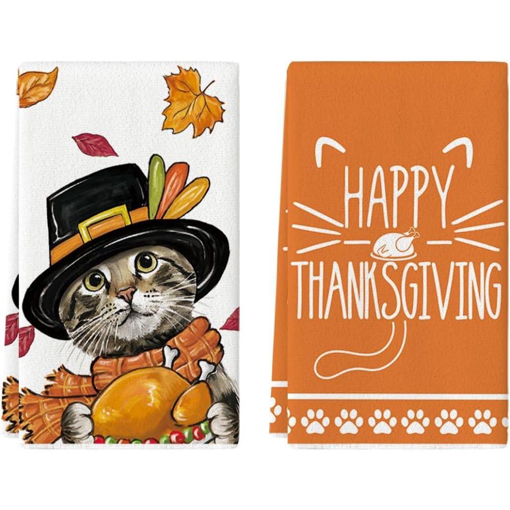 imageArtoid Mode Cat Turkey Happy Thanksgiving Kitchen Towels Dish Towels 18x26 Inch Fall Leaves Decoration Hand Towels Set of 2