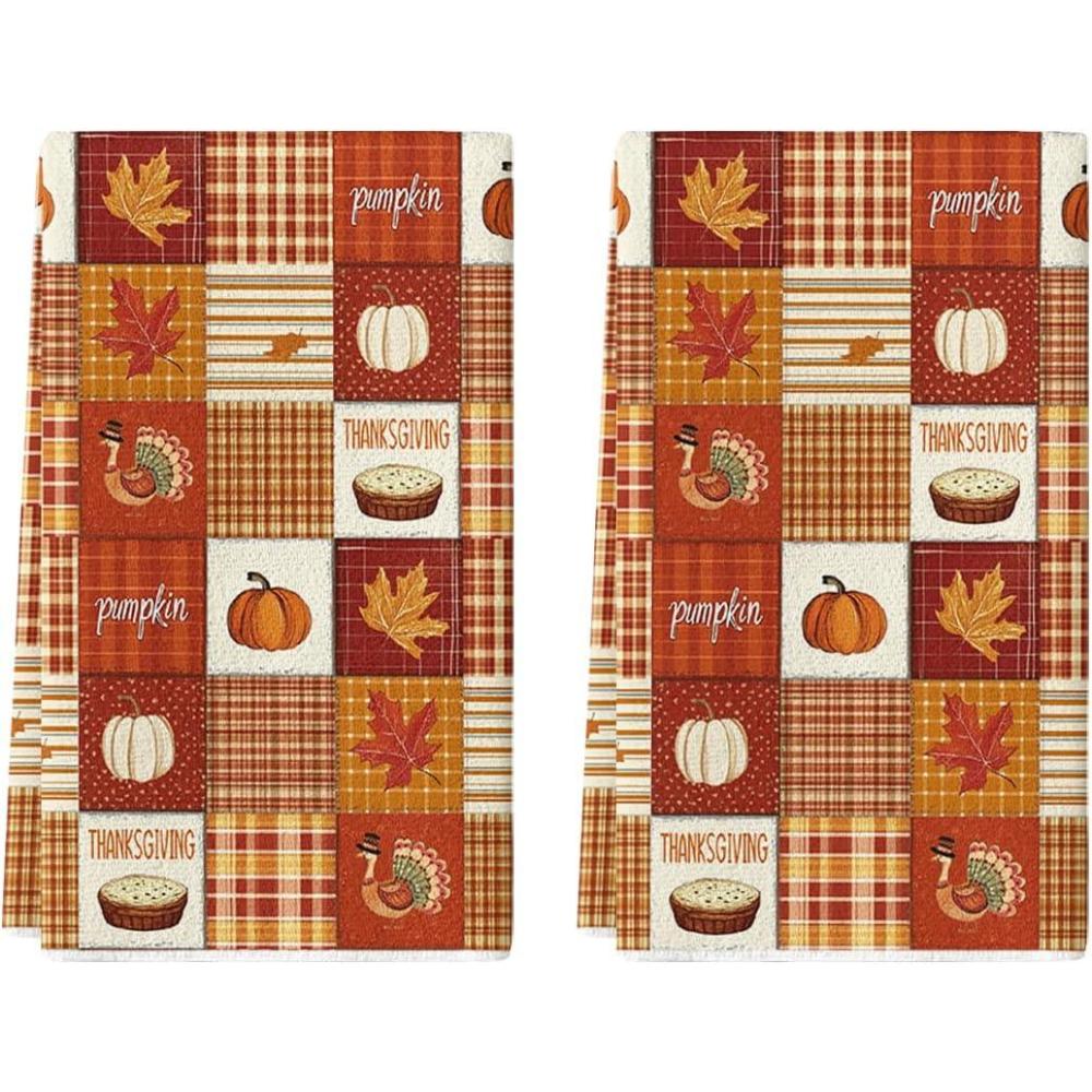 imageArtoid Mode Checkered Stripe Pumpkin Turkey Thanksgiving Kitchen Towels Dish Towels 18x26 Inch Farmhouse Holiday Decoration Cleaning Set of 2