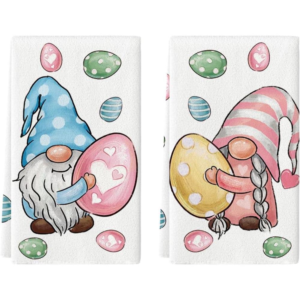 imageArtoid Mode Colorful Eggs Gnome Easter Kitchen Towels Dish Towels 18x26 Inch Seasonal Spring Decoration Hand Towels Set of 2