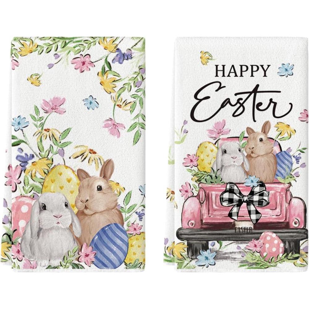 imageArtoid Mode Colorful Rabbits Bunny Bow Easter Kitchen Towels Dish Towels 18x26 Inch Eggs Flower Farmhouse Holiday Decoration Hand Towels Set of 2