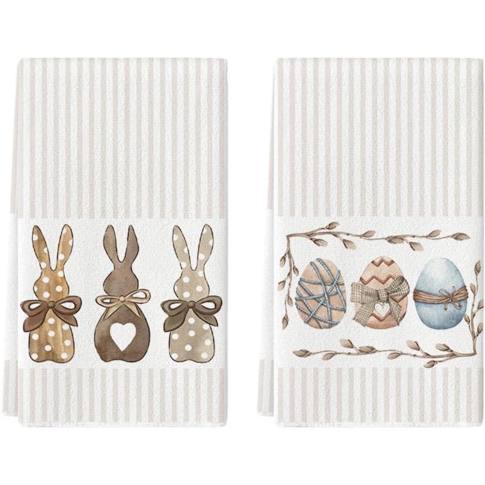 imageArtoid Mode Colorful Stripe Rabbit Bunny Eggs Easter Kitchen Towels Dish Towels 18x26 Inch Spring Decoration Hand Towels Set of 2Beige