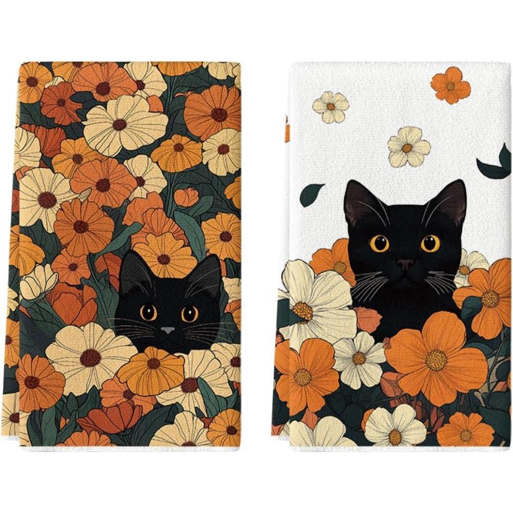 imageArtoid Mode Flowering Shrubs Black Cat Floral Spring Kitchen Towels Dish Towels 18x26 Inch Farmhouse Summer Plants Decoration Hand Towels Set of 2