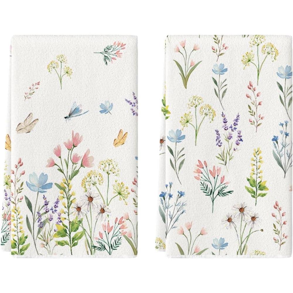 imageArtoid Mode Flowers Floral Spring Kitchen Towels Dish Towels 18x26 Inch Daily Seasonal Summer Dragonfly Decoration Hand Towels Set of 2
