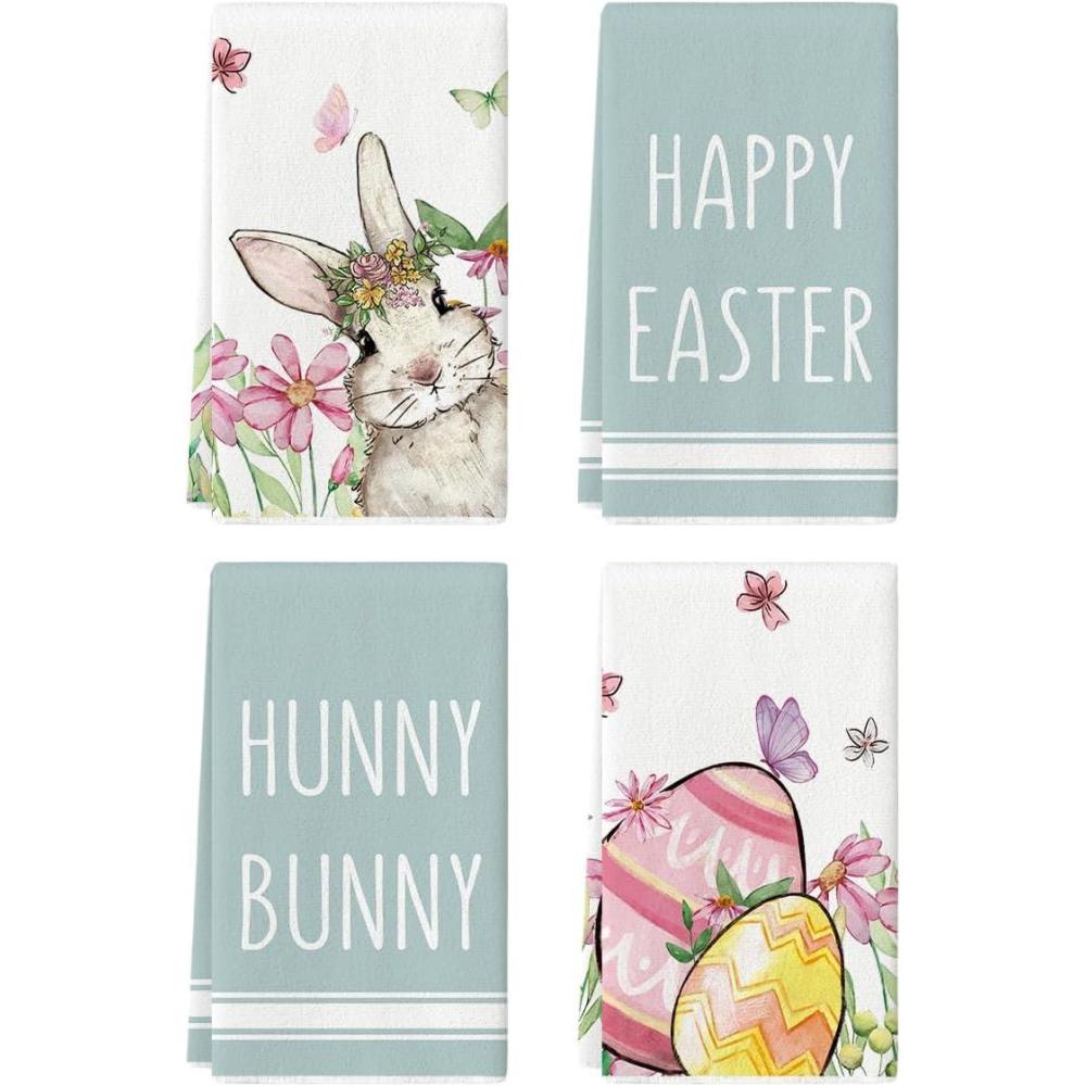 imageArtoid Mode Green Bunny Rabbit Eggs Floral Happy Easter Kitchen Towels Dish Towels 18x26 Inch Seasonal Decoration Hand Towels Set of 4Blue