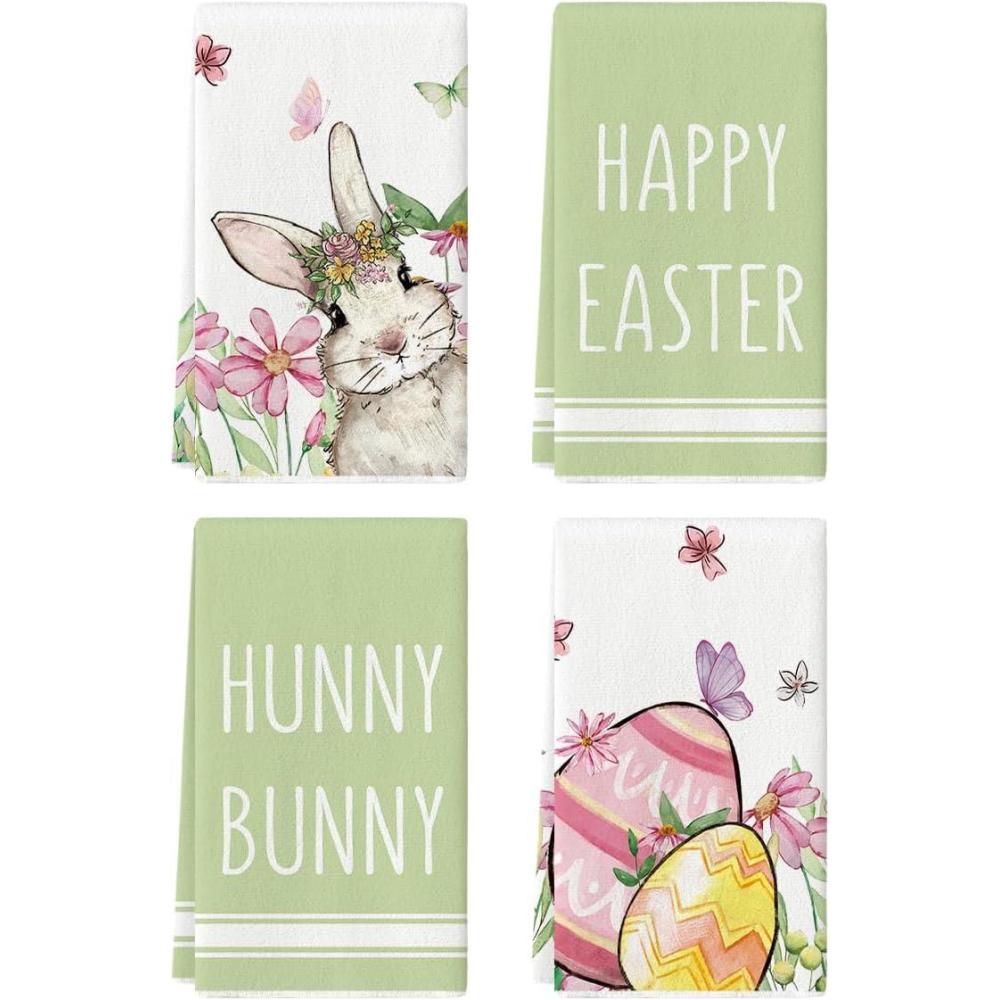 imageArtoid Mode Green Bunny Rabbit Eggs Floral Happy Easter Kitchen Towels Dish Towels 18x26 Inch Seasonal Decoration Hand Towels Set of 4Green