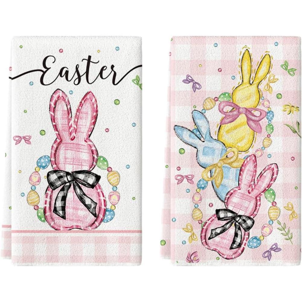 imageArtoid Mode Pink Buffalo Plaid Bunny Easter Kitchen Towels Dish Towels 18x26 Inch Spring Farmhouse Bow Decoration Hand Towels Set of 2
